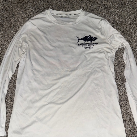 White Long Sleeve Tee with Fish Design - Picture 1 of 5